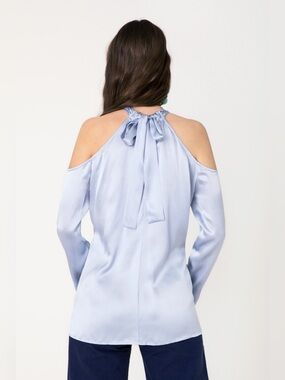 Frances Austen 100% Silk Cold Shoulder Blouse Baby Blue Quiet Luxury Minimalist